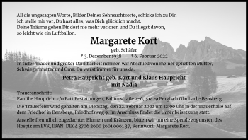 Anzeige von Margarete Kort von Kölner Stadt-Anzeiger / Kölnische Rundschau / Express