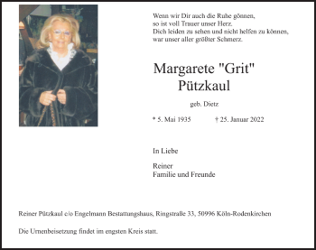 Anzeige von Margarete Pützkaul von Kölner Stadt-Anzeiger / Kölnische Rundschau / Express