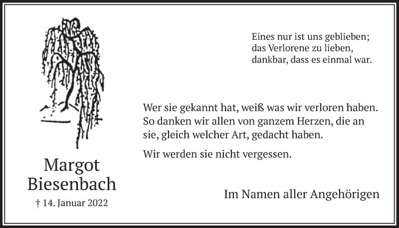  Traueranzeige für Margot Biesenbach vom 18.02.2022 aus  Werbepost 