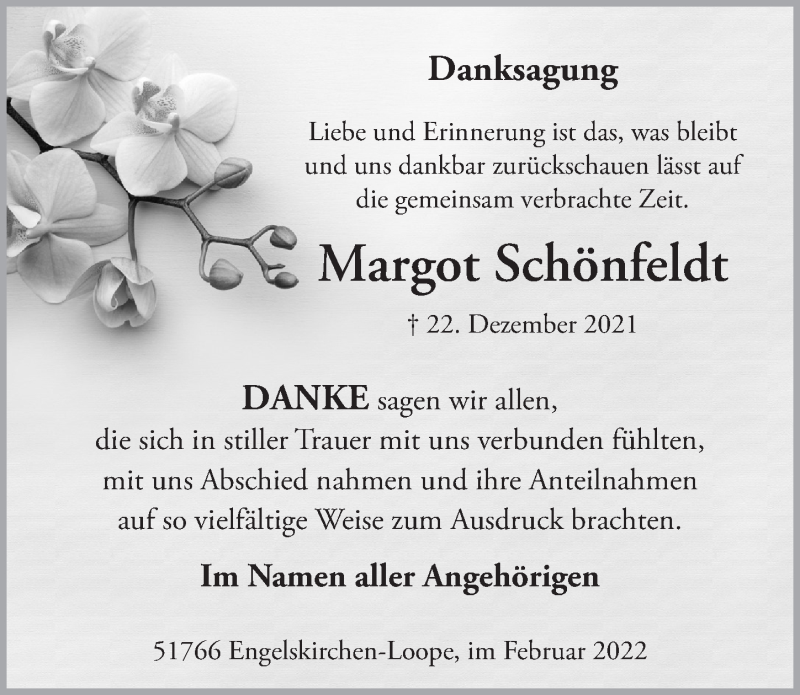  Traueranzeige für Margot Schönfeldt vom 11.02.2022 aus  Anzeigen Echo 
