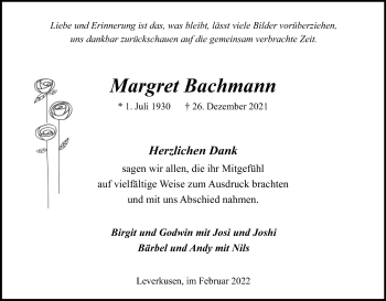 Anzeige von Margret Bachmann von Kölner Stadt-Anzeiger / Kölnische Rundschau / Express