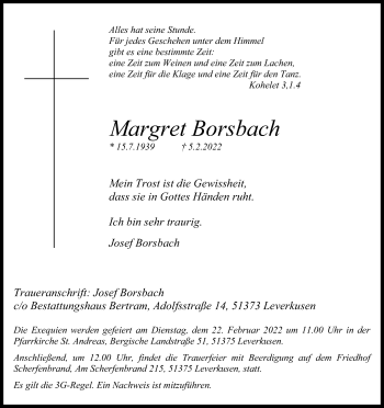 Anzeige von Margret Borsbach von Kölner Stadt-Anzeiger / Kölnische Rundschau / Express