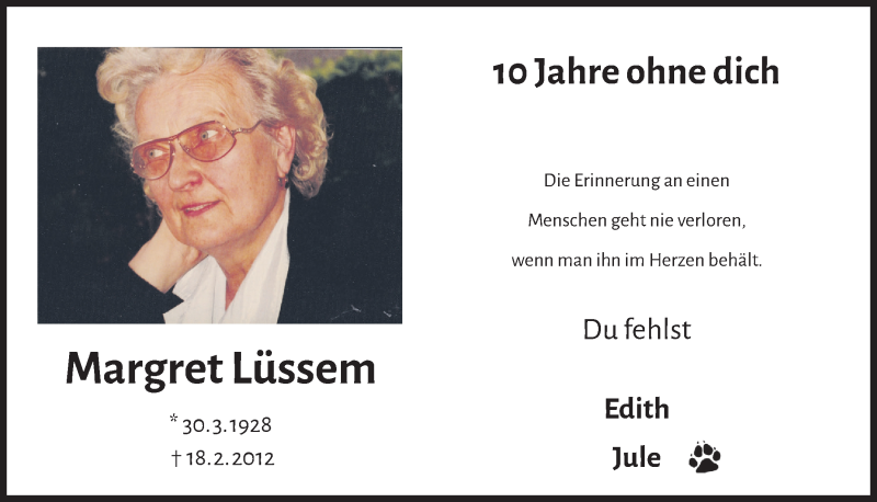  Traueranzeige für Margret Lüssem vom 19.02.2022 aus  Blickpunkt Euskirchen 