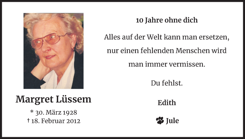  Traueranzeige für Margret Lüssem vom 19.02.2022 aus Kölner Stadt-Anzeiger / Kölnische Rundschau / Express