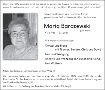 Anzeige von Maria Barczewski von  Blickpunkt Euskirchen 
