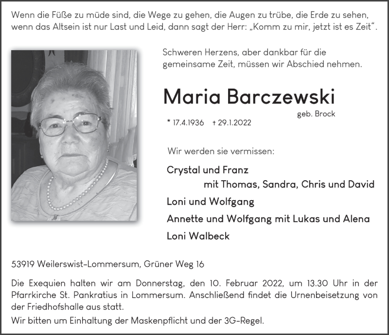  Traueranzeige für Maria Barczewski vom 05.02.2022 aus  Blickpunkt Euskirchen 