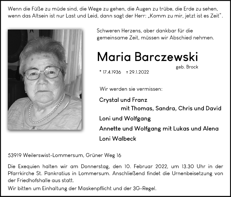  Traueranzeige für Maria Barczewski vom 05.02.2022 aus Kölner Stadt-Anzeiger / Kölnische Rundschau / Express