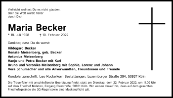 Anzeige von Maria Becker von Kölner Stadt-Anzeiger / Kölnische Rundschau / Express