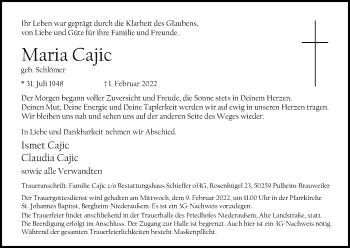 Anzeige von Maria Cajic von Kölner Stadt-Anzeiger / Kölnische Rundschau / Express