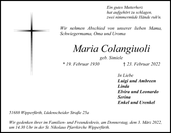 Anzeige von Maria Colangiuoli von Kölner Stadt-Anzeiger / Kölnische Rundschau / Express