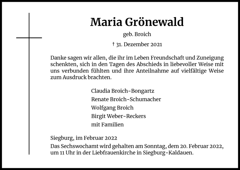  Traueranzeige für Maria Grönewald vom 12.02.2022 aus Kölner Stadt-Anzeiger / Kölnische Rundschau / Express