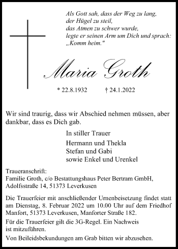 Anzeige von Maria Groth von Kölner Stadt-Anzeiger / Kölnische Rundschau / Express