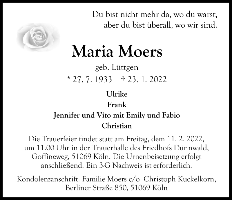  Traueranzeige für Maria Moers vom 05.02.2022 aus Kölner Stadt-Anzeiger / Kölnische Rundschau / Express