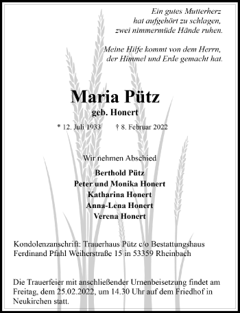 Anzeige von Maria Pütz von  Schaufenster/Blickpunkt 