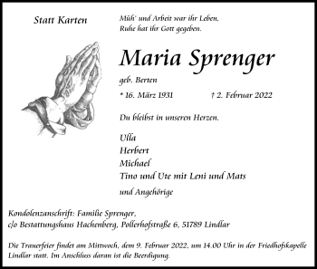 Anzeige von Maria Sprenger von Kölner Stadt-Anzeiger / Kölnische Rundschau / Express