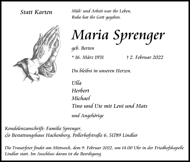  Traueranzeige für Maria Sprenger vom 05.02.2022 aus Kölner Stadt-Anzeiger / Kölnische Rundschau / Express