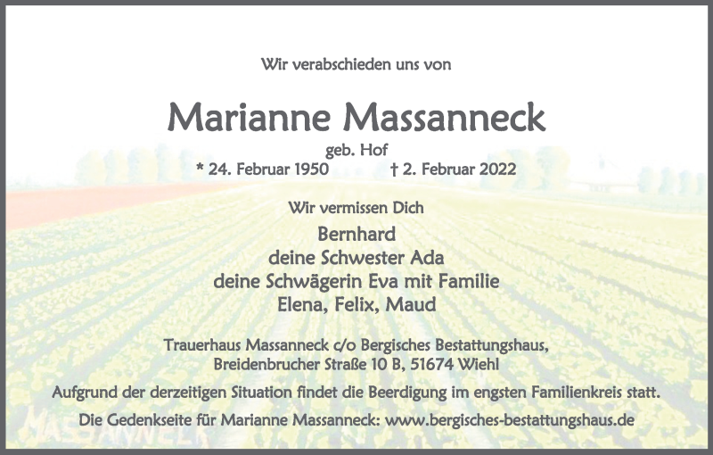  Traueranzeige für Marianne Massanneck vom 05.02.2022 aus Kölner Stadt-Anzeiger / Kölnische Rundschau / Express