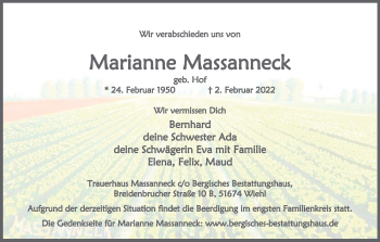Anzeige von Marianne Massanneck von Kölner Stadt-Anzeiger / Kölnische Rundschau / Express