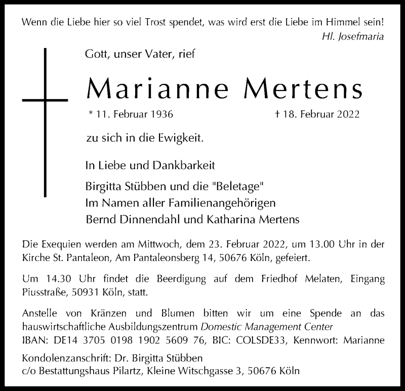  Traueranzeige für Marianne Mertens vom 22.02.2022 aus Kölner Stadt-Anzeiger / Kölnische Rundschau / Express