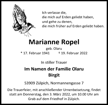Anzeige von Marianne Ropel von  Blickpunkt Euskirchen 