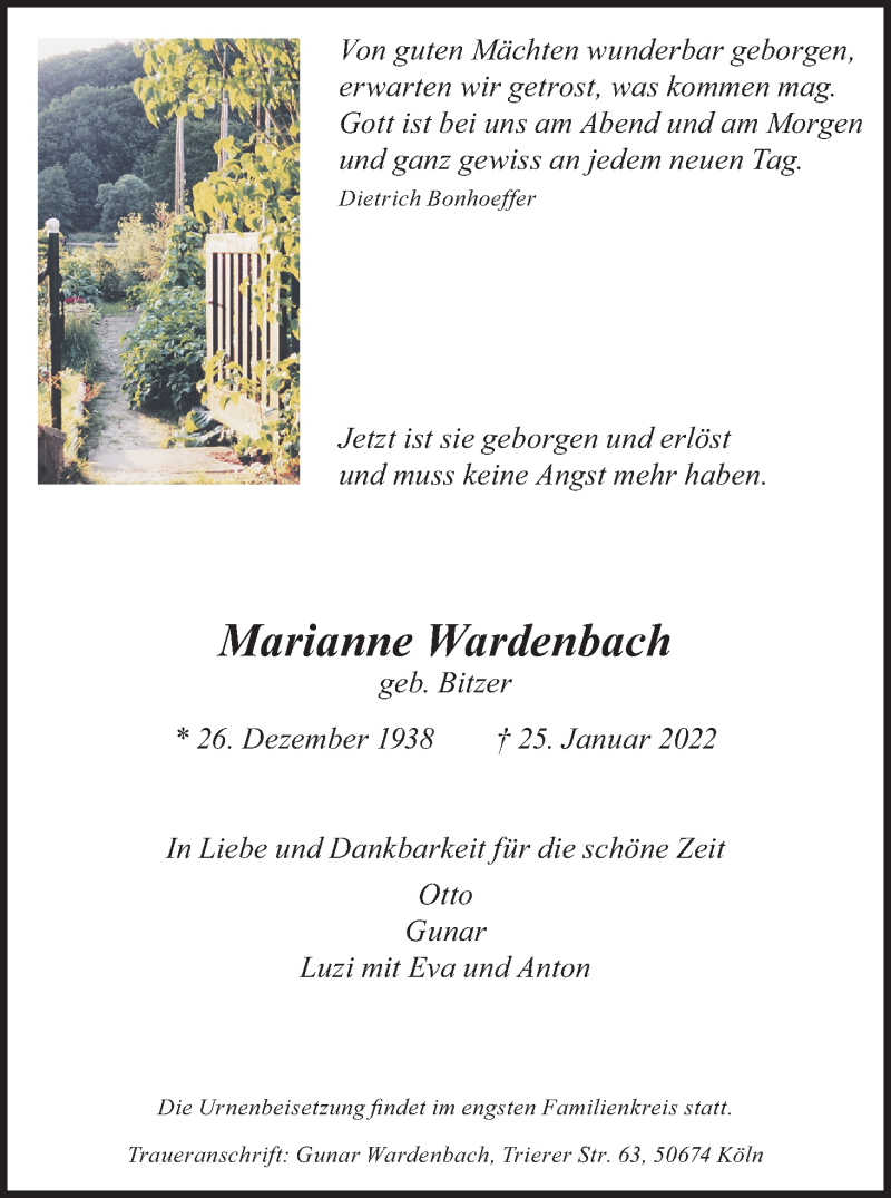  Traueranzeige für Marianne Wardenbach vom 05.02.2022 aus Kölner Stadt-Anzeiger / Kölnische Rundschau / Express