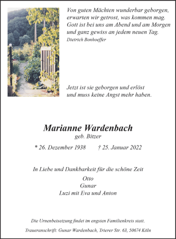 Anzeige von Marianne Wardenbach von  Lokalanzeiger 