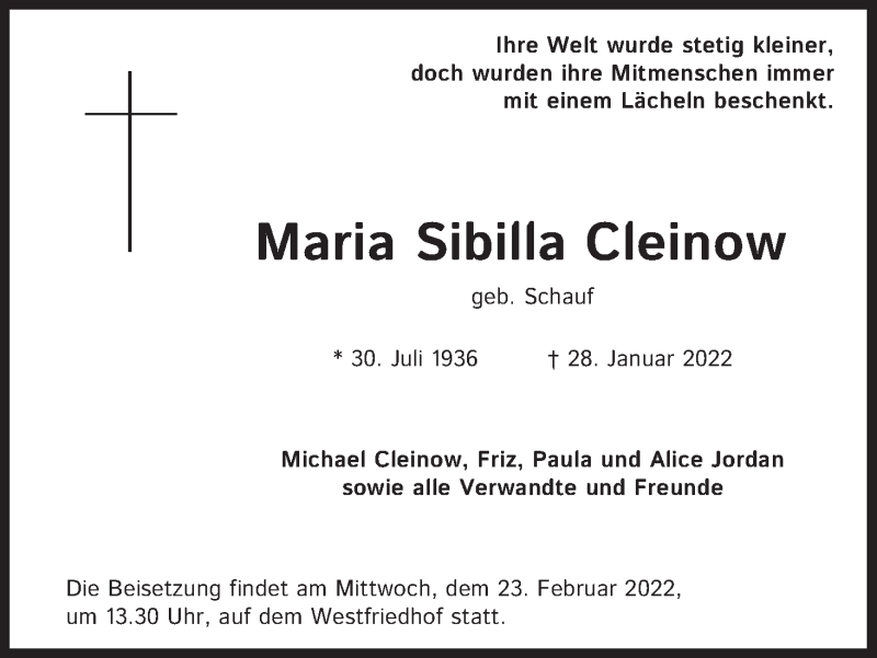  Traueranzeige für Maria Sibilla Cleinow vom 19.02.2022 aus Kölner Stadt-Anzeiger / Kölnische Rundschau / Express