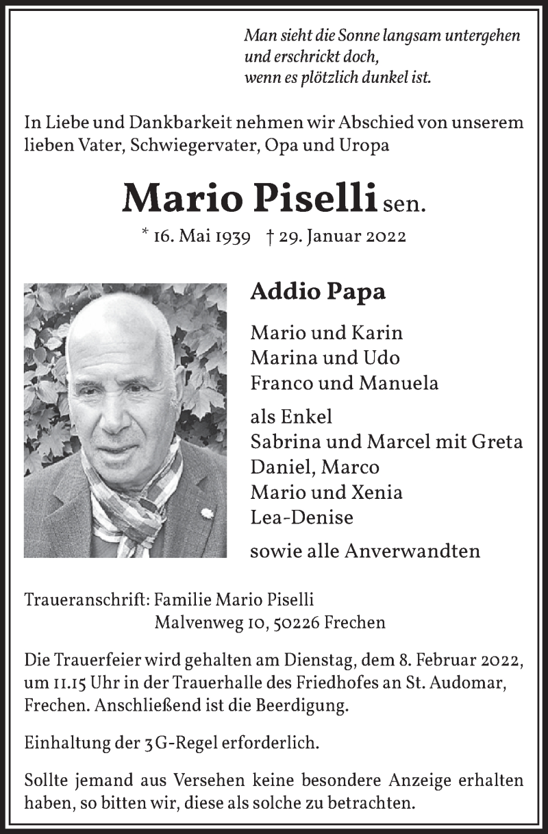  Traueranzeige für Mario Piselli sen. vom 04.02.2022 aus  Wochenende 