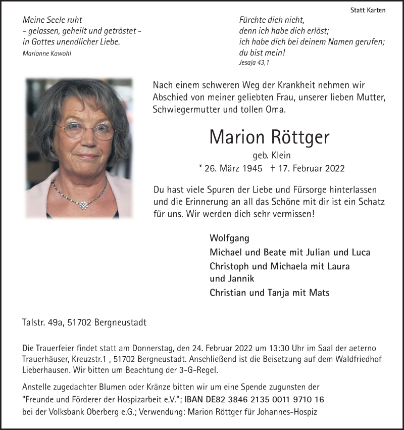  Traueranzeige für Marion Röttger vom 19.02.2022 aus Kölner Stadt-Anzeiger / Kölnische Rundschau / Express