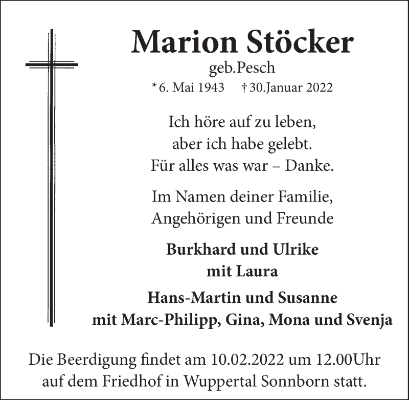  Traueranzeige für Marion Stöcker vom 04.02.2022 aus  Anzeigen Echo 