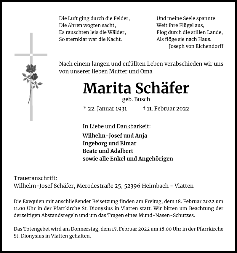  Traueranzeige für Marita Schäfer vom 16.02.2022 aus Kölner Stadt-Anzeiger / Kölnische Rundschau / Express