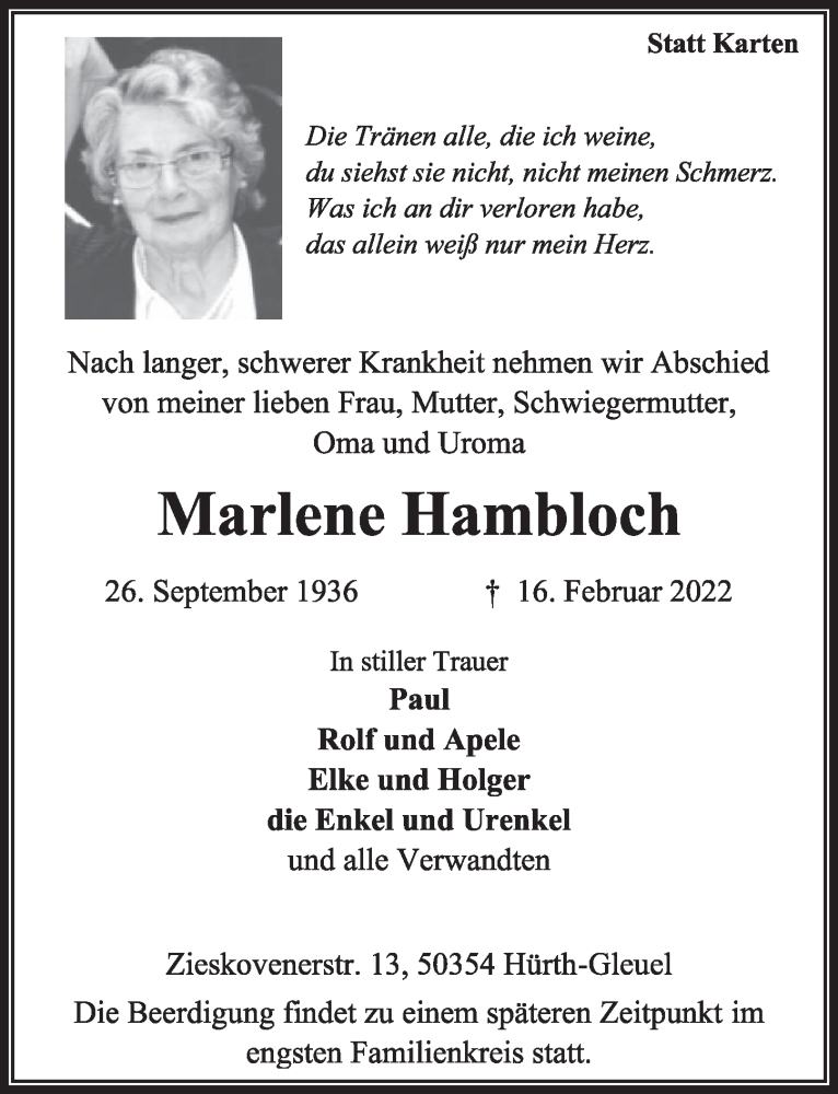  Traueranzeige für Marlene Hambloch vom 25.02.2022 aus  Wochenende 