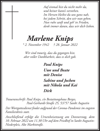Anzeige von Marlene Knips von  Extra Blatt 