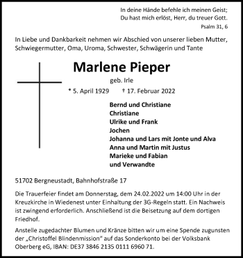 Anzeige von Marlene Pieper von Kölner Stadt-Anzeiger / Kölnische Rundschau / Express