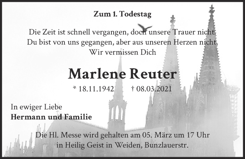  Traueranzeige für Marlene Reuter vom 25.02.2022 aus  EXPRESS - Die Woche 