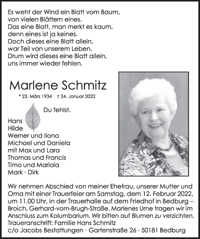  Traueranzeige für Marlene Schmitz vom 04.02.2022 aus  Werbepost 