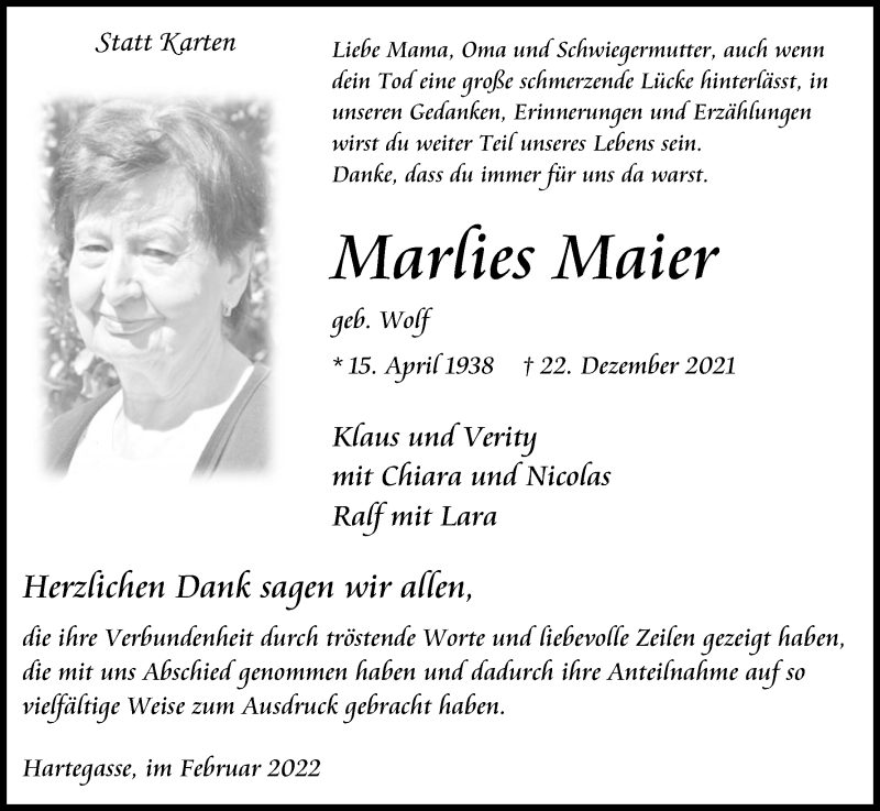  Traueranzeige für Marlies Maier vom 05.02.2022 aus Kölner Stadt-Anzeiger / Kölnische Rundschau / Express