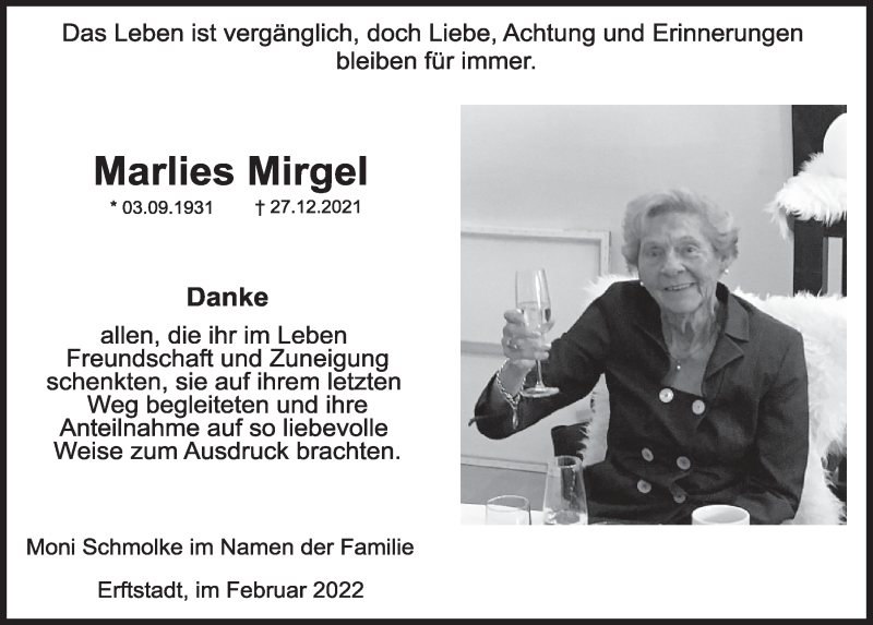  Traueranzeige für Marlies Mirgel vom 04.02.2022 aus  Werbepost 