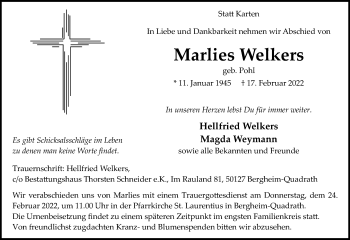 Anzeige von Marlies Welkers von Kölner Stadt-Anzeiger / Kölnische Rundschau / Express