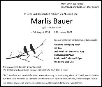 Anzeige von Marlis Bauer von Kölner Stadt-Anzeiger / Kölnische Rundschau / Express