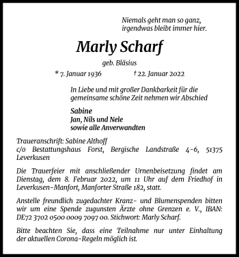Anzeige von Marly Scharf von Kölner Stadt-Anzeiger / Kölnische Rundschau / Express