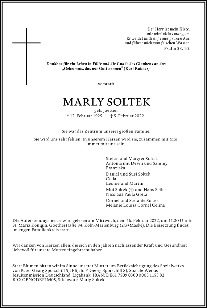  Traueranzeige für Marly Soltek vom 12.02.2022 aus Kölner Stadt-Anzeiger / Kölnische Rundschau / Express