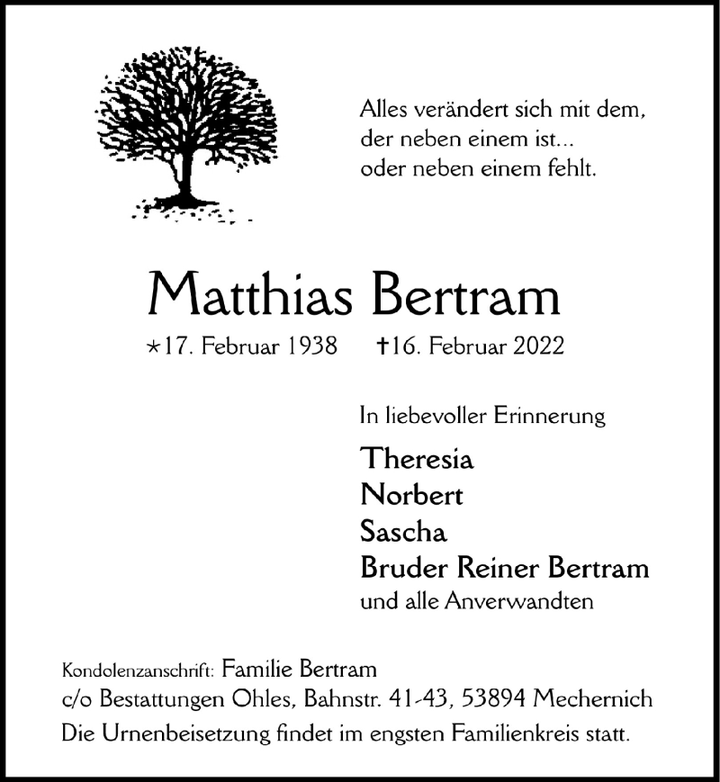  Traueranzeige für Matthias Bertram vom 26.02.2022 aus  Blickpunkt Euskirchen 