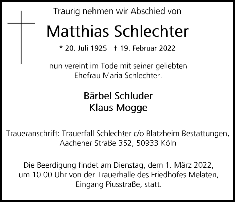  Traueranzeige für Matthias Schlechter vom 26.02.2022 aus Kölner Stadt-Anzeiger / Kölnische Rundschau / Express