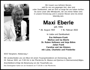 Anzeige von Maxi Eberle von Kölner Stadt-Anzeiger / Kölnische Rundschau / Express