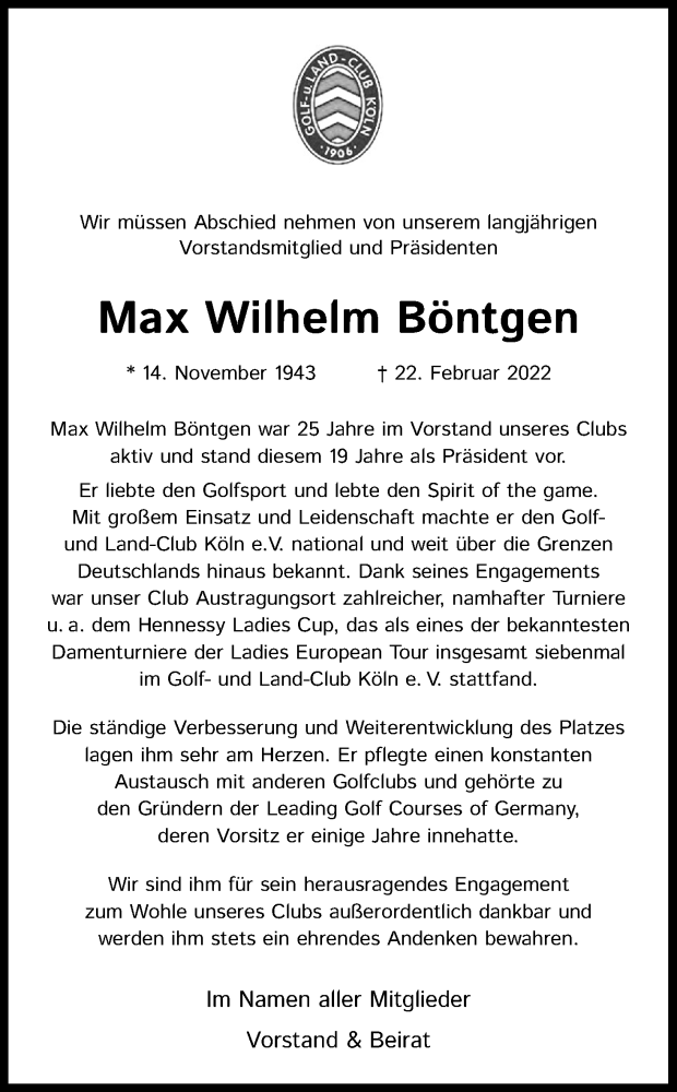  Traueranzeige für Max Wilhelm Böntgen vom 26.02.2022 aus Kölner Stadt-Anzeiger / Kölnische Rundschau / Express