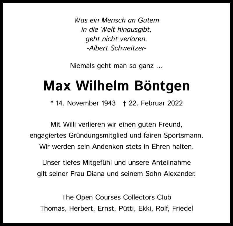  Traueranzeige für Max Wilhelm Böntgen vom 26.02.2022 aus Kölner Stadt-Anzeiger / Kölnische Rundschau / Express