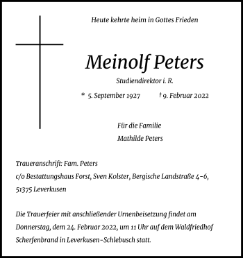 Anzeige von Meinolf Peters von Kölner Stadt-Anzeiger / Kölnische Rundschau / Express
