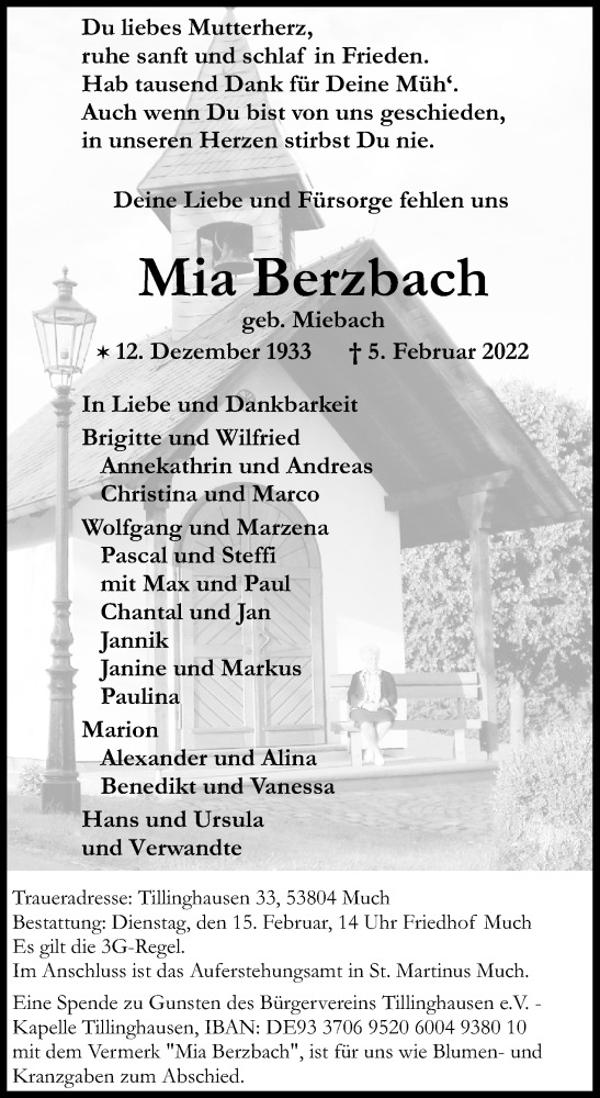  Traueranzeige für Mia Berzbach vom 12.02.2022 aus Kölner Stadt-Anzeiger / Kölnische Rundschau / Express