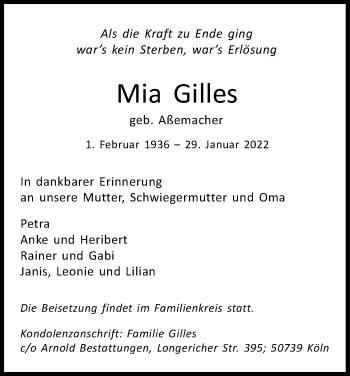 Anzeige von Mia Gilles von Kölner Stadt-Anzeiger / Kölnische Rundschau / Express